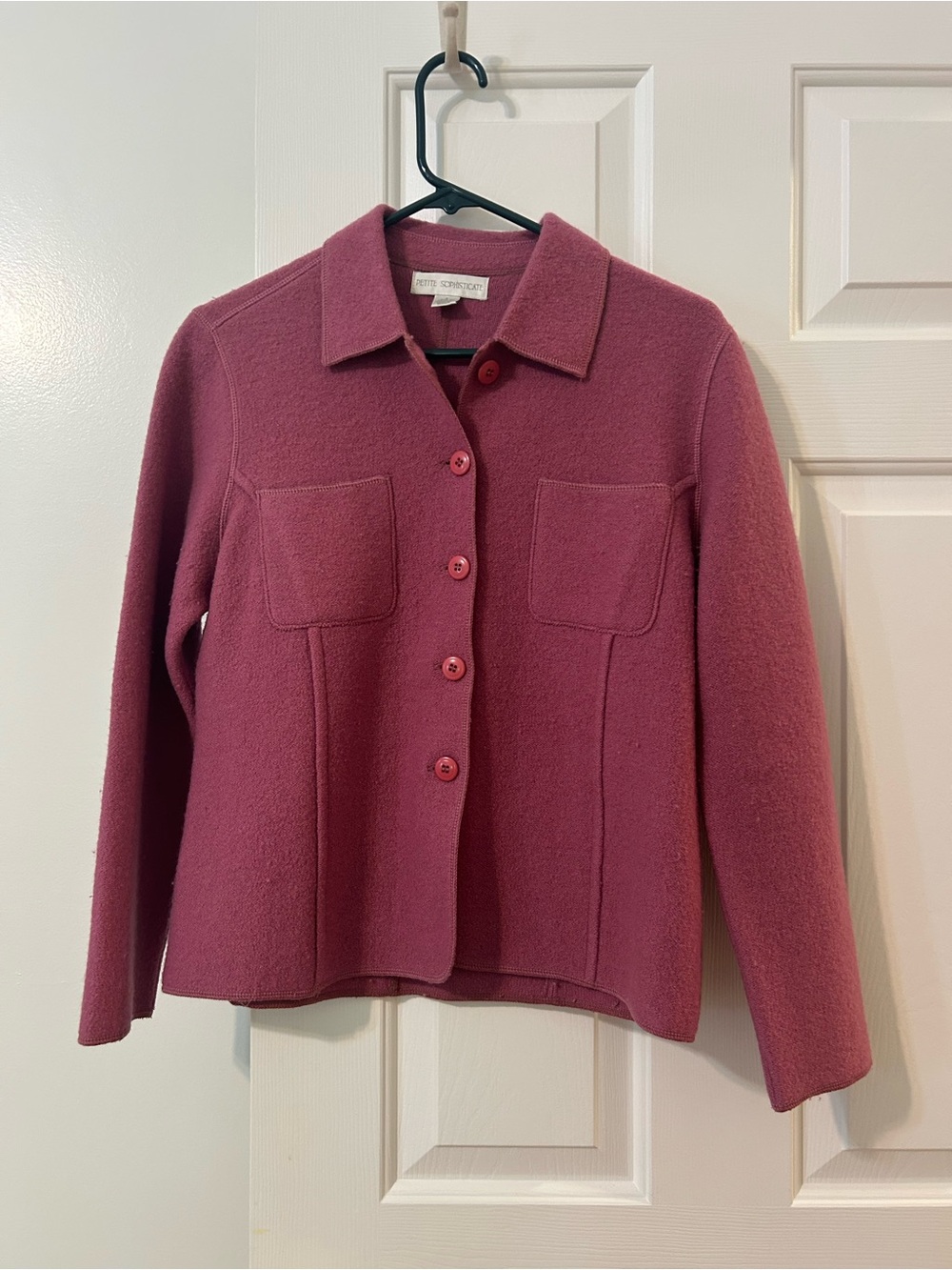 Women’s Petite Sophisticate Wool, rose color Button Up Short Waist Jacket Small